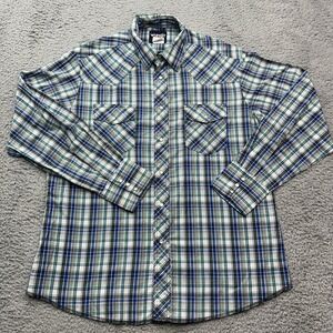 Wrangler Western Pearl Snap Shirt Mens L Blue Green Metallic Tartan Plaid Cowboy